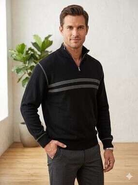 Bachrach Men's L Quarter Zip Silk Blend Sweater Black Grey Striped Vintage